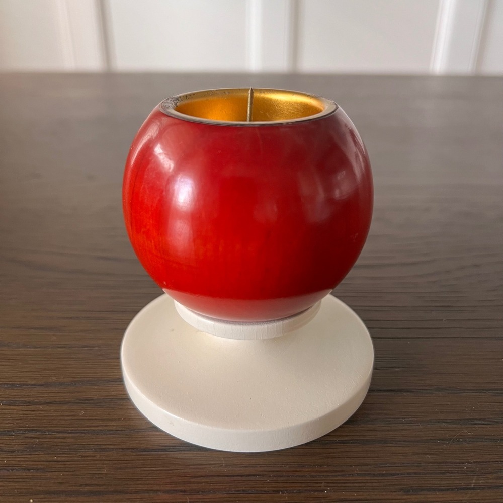 Vintage Erzgebirgische Volkskunst Wooden Candle Holder Red Gold GDR German